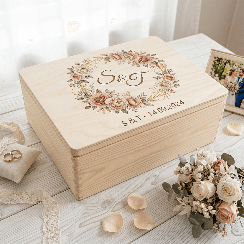 Hochzeit Deluxe Kiste – Opulenter Rosenkranz mit goldenen Akzenten