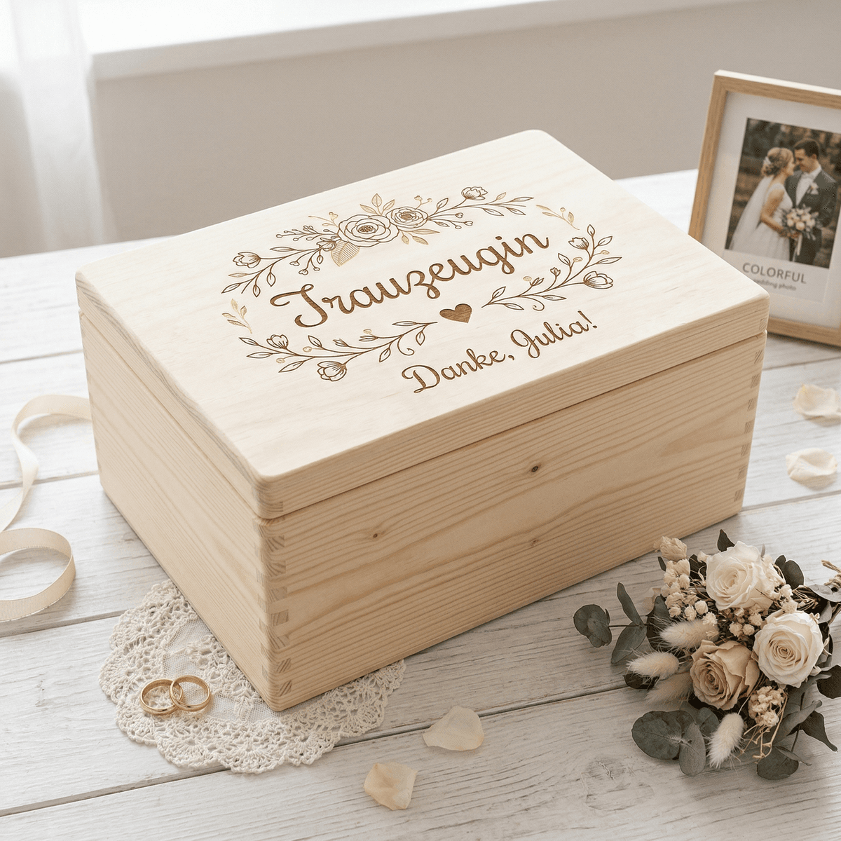 Trauzeugin Geschenkbox – Eleganter Schriftzug mit Blumenranken