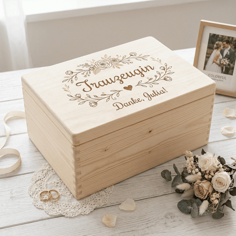 Trauzeugin Geschenkbox – Eleganter Schriftzug mit Blumenranken