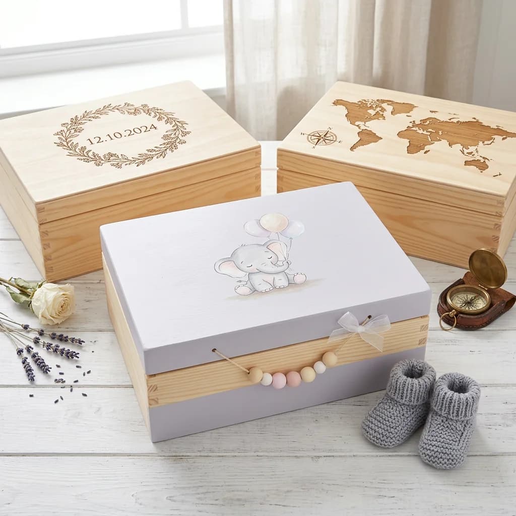 Personalisierte Erinnerungskisten aus Holz für Baby, Hochzeit und Reise